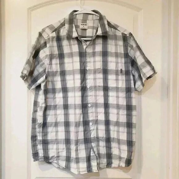 Hurley Men's White/Blue Plaid Cotton Button Down Short - Picture 2 of 10